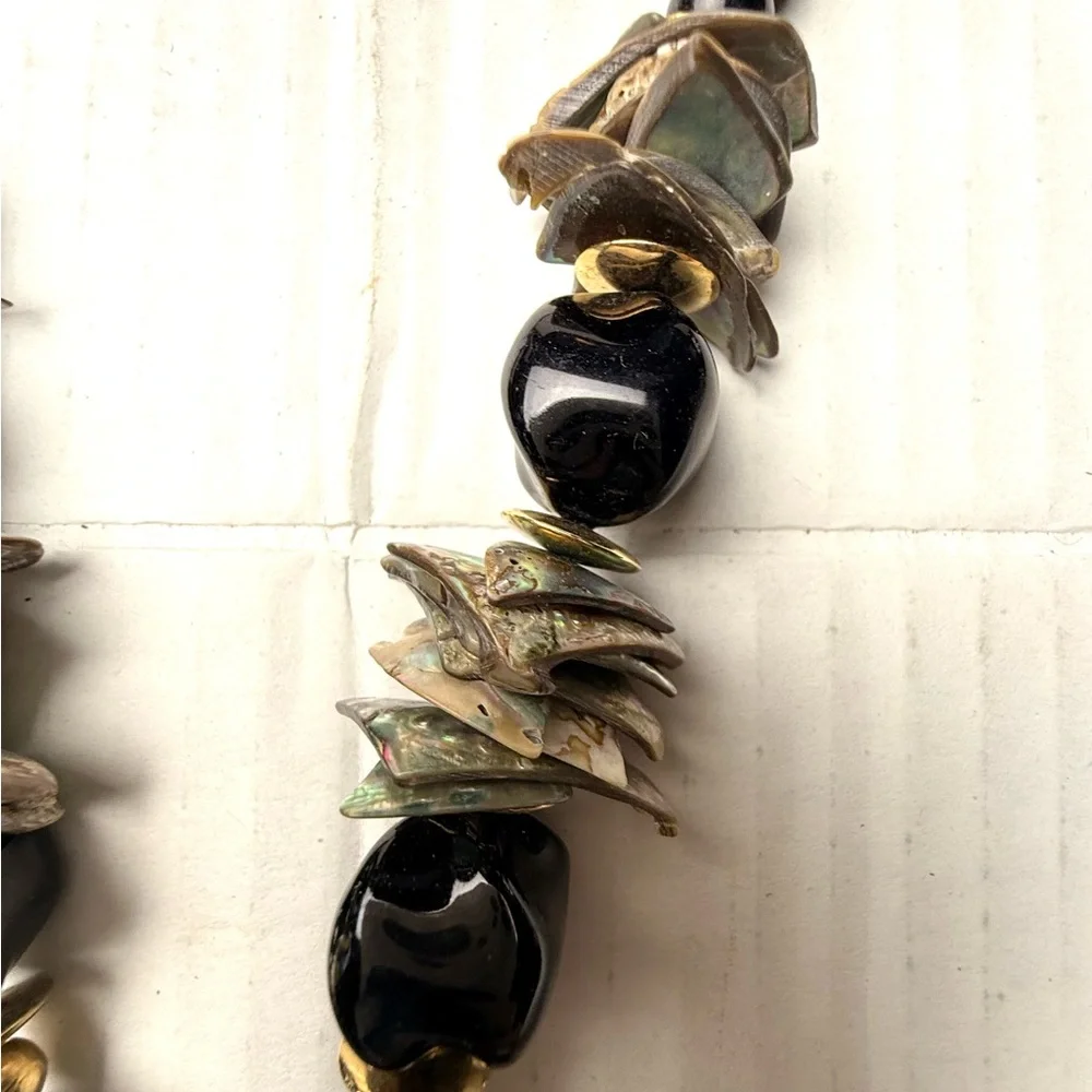 Handmade Abalone Shell Pendant‎ Necklace Black Beaded Beads 24” Beachy Boho